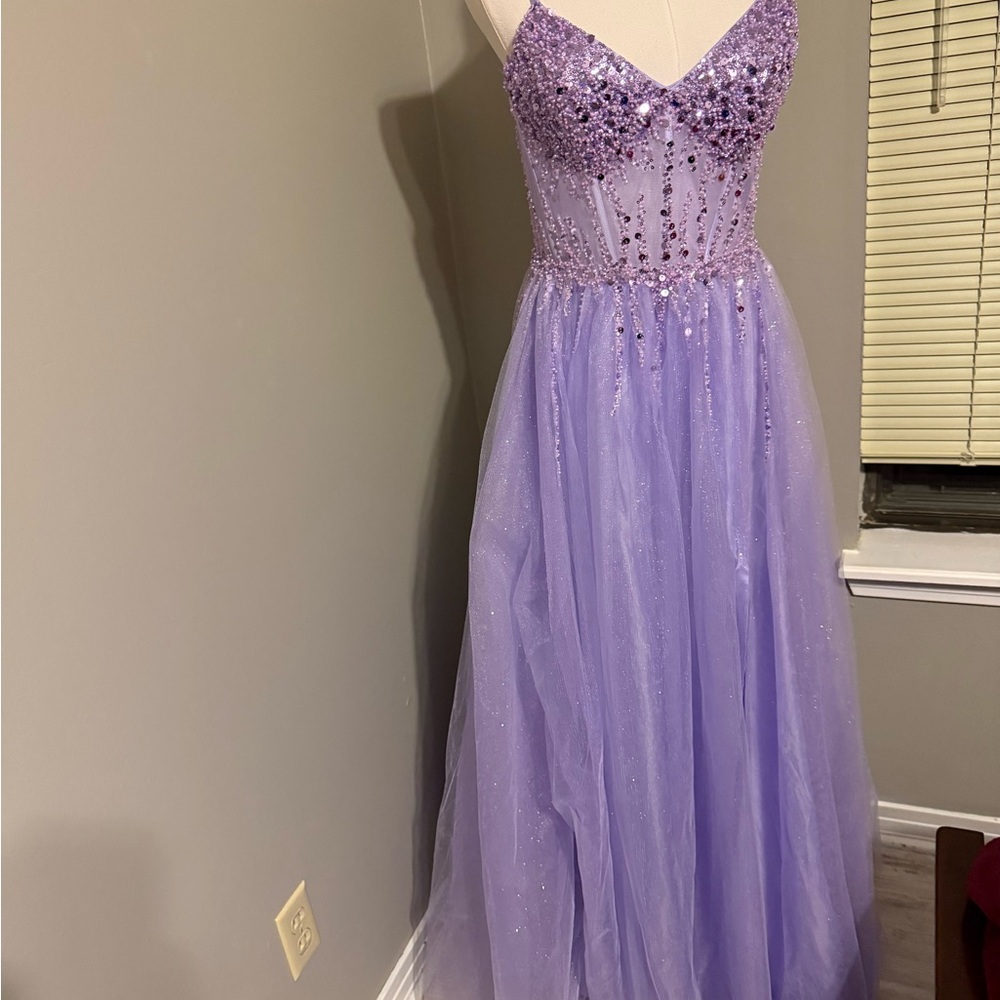 Elegant Purple Gown with Beaded Bodice